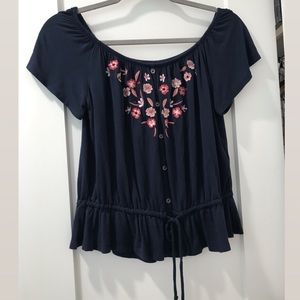 Navy off the shoulder smocked top